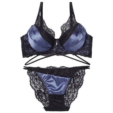 12/15新作!【EFサイズ】グロッシーサテンレース育乳脇高ブラジャー＆バック透けフルバックショーツ［大人気］(ブルー-E65/ショーツM)