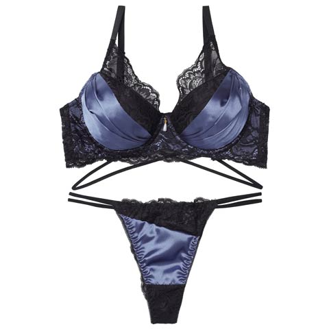 12/15新作!【EFサイズ】グロッシーサテンレース育乳脇高ブラジャー＆バック透けTバックショーツ［大人気］(ブルー-E65/ショーツM)