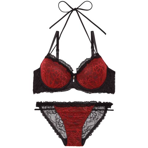 1/28新作!ブルームレーシィホルターネックブラジャー&バック透けフルバックショーツ［激売れ］(レッド-A65/ショーツM)