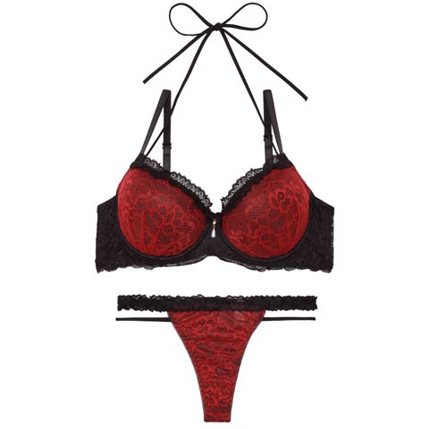 1/28新作!ブルームレーシィホルターネックブラジャー&バック透けTバックショーツ［激売れ］(レッド-A65/ショーツM)