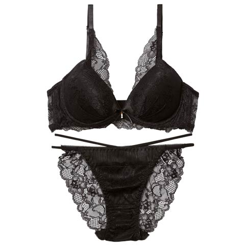 3/16新作!アリュールミッドナイトレース育乳脇高ブラジャー&バック透けフルバックショーツ［激売れ］(ブラック-A65/ショーツM)