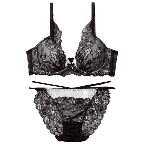 3/16新作!アリュールミッドナイトレース育乳脇高ブラジャー&バック透けフルバックショーツ［激売れ］(ホワイト-A65/ショーツM)