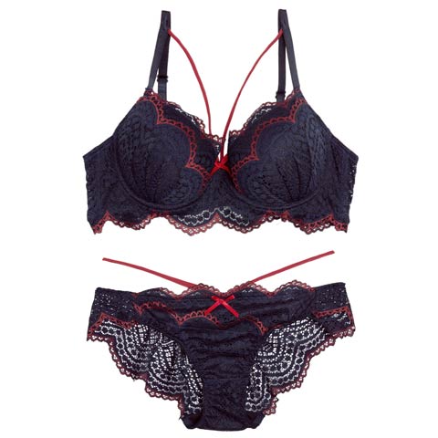 12/10新作!【EFサイズ】ノクターンレースコード育乳脇高ブラジャー&バック透けフルバックショーツ［大人気］(ネイビー-E65/ショーツM)