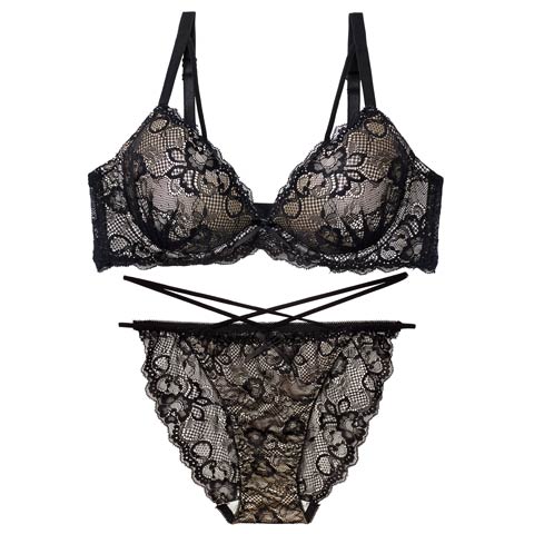 1/26新作!エターナルヌーディーレースブラジャー&バック透けフルバックショーツ［激売れ］(ブラック-A65/ショーツM)