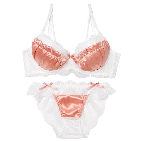 2/2新作!【EFサイズ】スウィートサテンレース育乳脇高ブラジャー&バック透けフルバックショーツ［大人気］(ピンク-E65/ショーツM)