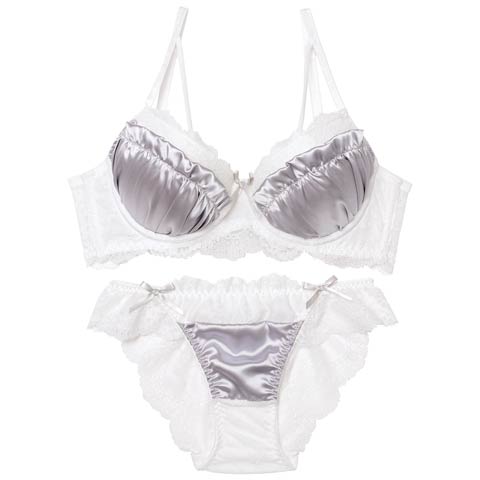 2/2新作!【EFサイズ】スウィートサテンレース育乳脇高ブラジャー&バック透けフルバックショーツ［大人気］(グレー-E65/ショーツM)