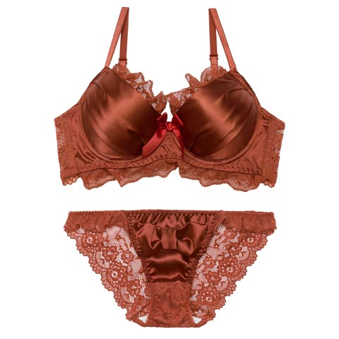 1/26新作!ロマンティックリボンサテン育乳脇高ブラジャー＆バック透けフルバックショーツ［激売れ］(ブラウン-A65/ショーツM)