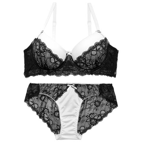 4/1新作!ガーリーモノトーンレースブラジャー&バック透けフルバックショーツ［激売れ］(ブラック-A65/ショーツM)