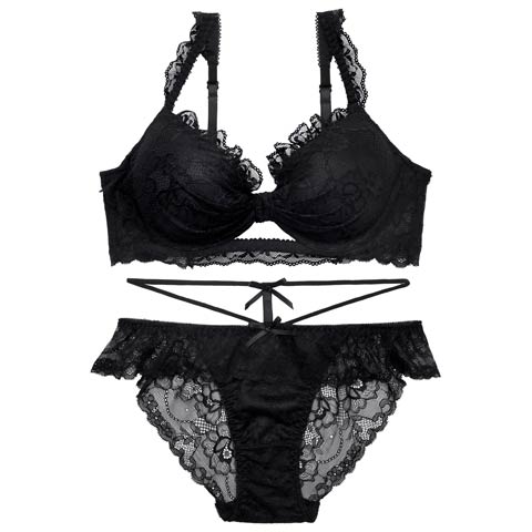 4/22新作!【かとゆり着用】ドーリーリボンコードブラジャー&バック透けフルバックショーツ［激売れ］(ブラック-A65/ショーツM)