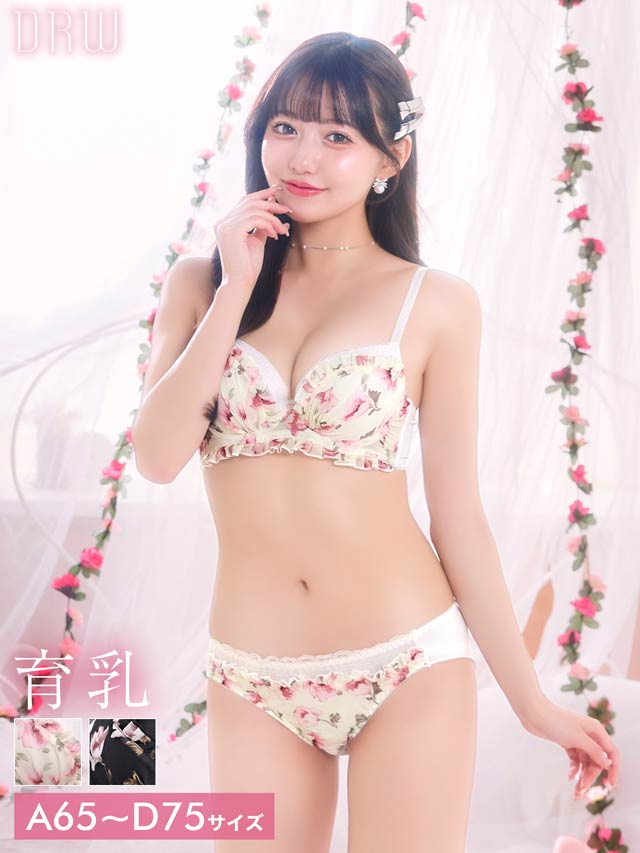 チャーミングフラワーシフォン育乳脇高ブラジャー&フルバックショーツ