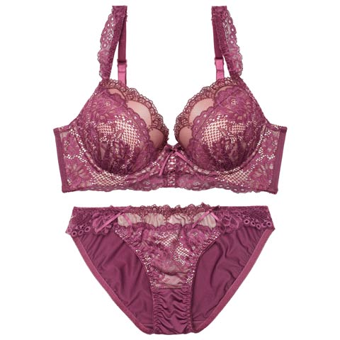 4/24新作!ビターレースアップ育乳脇高ブラジャー&フルバックショーツ［激売れ］(ディープパープル-B65/ショーツM)