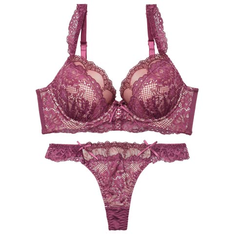 4/24新作!ビターレースアップ育乳脇高ブラジャー&Tバックショーツ［激売れ］(ディープパープル-B65/ショーツM)