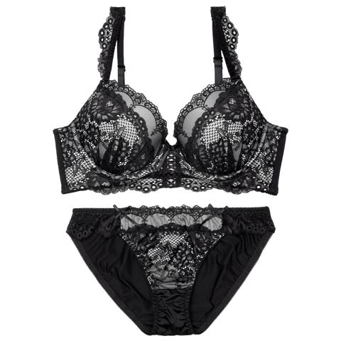 4/24新作!【EFサイズ】ビターレースアップ育乳脇高ブラジャー&フルバックショーツ［大人気］(ブラック-E70/ショーツM)