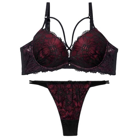 2/23新作!【三上悠亜着用】シックフラワーコードレースブラジャー&Tバックショーツ［激売れ］(ワインレッド-B65/ショーツM)