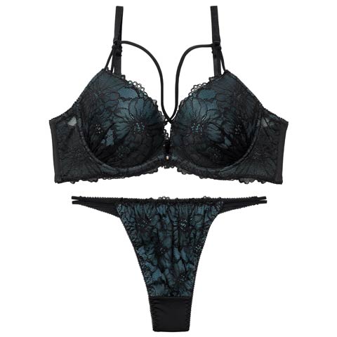 2/23新作!【三上悠亜着用】シックフラワーコードレースブラジャー&Tバックショーツ［激売れ］(グリーン-B65/ショーツM)