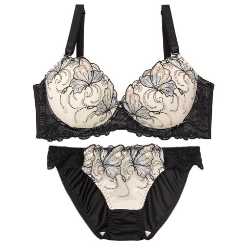 10/25再販!【EFサイズ】ミスティックバタフライ育乳脇高ブラジャー&フルバックショーツ［大人気］(クリーム-E70/ショーツM)