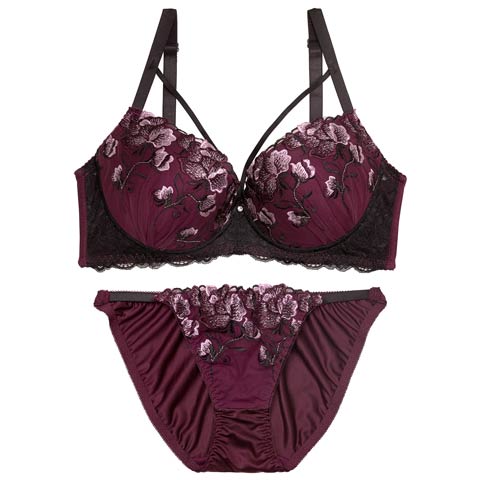 3/11新作!【EFサイズ】グロリアスコードフラワーブラジャー&フルバックショーツ［大人気］(ワインレッド-E70/ショーツM)