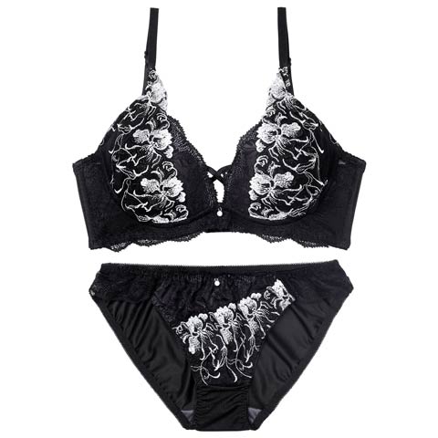 2/2新作!グレースクロスフラワー育乳脇高ブラジャー&フルバックショーツ［激売れ］(ブラック-A70/ショーツM)