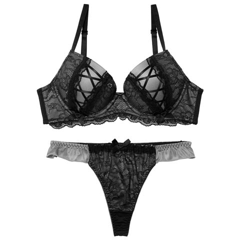 3/27新作!ダークガーリーレースアップブラジャー&Tバックショーツ［激売れ］(ダークグレー-B65/ショーツM)