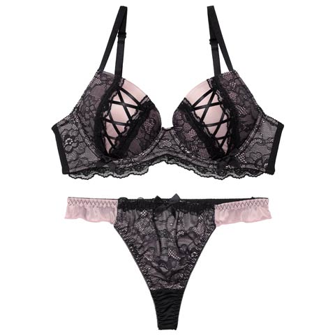 3/27新作!ダークガーリーレースアップブラジャー&Tバックショーツ［激売れ］(ピンク-B65/ショーツM)