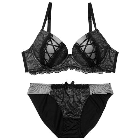 3/27新作!【EFサイズ】ダークガーリーレースアップブラジャー&フルバックショーツ［大人気］(ダークグレー-E70/ショーツM)
