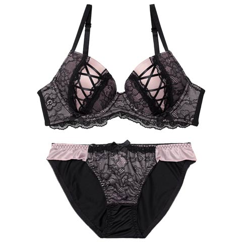 3/27新作!【EFサイズ】ダークガーリーレースアップブラジャー&フルバックショーツ［大人気］(ピンク-E70/ショーツM)