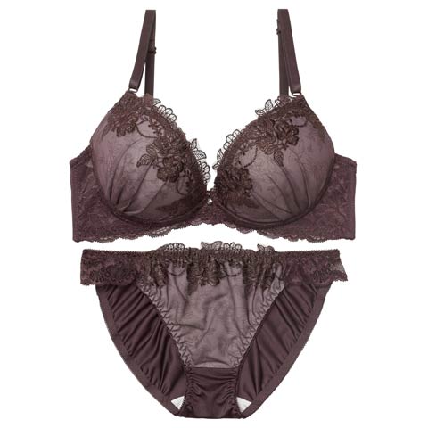 2/13新作!【三上悠亜着用】【EFサイズ】ブロッサムダークレースブラジャー&フルバックショーツ［大人気］(ディープパープル-E70/ショーツM)