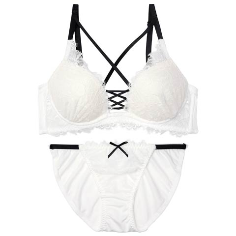 4/29新作!センシュアルレースアップ育乳脇高ブラジャー&フルバックショーツ［激売れ］(ホワイト-B65/ショーツM)