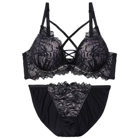 4/29新作!センシュアルレースアップ育乳脇高ブラジャー&フルバックショーツ［激売れ］(ブラック-B65/ショーツM)
