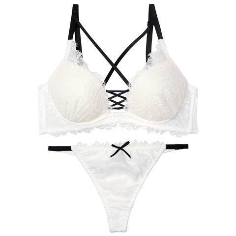 4/29新作!センシュアルレースアップ育乳脇高ブラジャー&Tバックショーツ［激売れ］(ホワイト-B65/ショーツM)