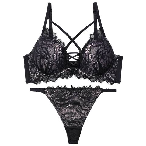 4/29新作!センシュアルレースアップ育乳脇高ブラジャー&Tバックショーツ［激売れ］(ブラック-B65/ショーツM)