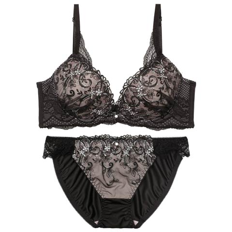 グレイスフラワーアイビー育乳脇高ブラジャー&フルバックショーツ［激売れ］(ブラック-A70/ショーツM)
