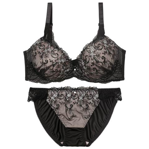 【EFサイズ】グレイスフラワーアイビー育乳脇高ブラジャー&フルバックショーツ［大人気］(ブラック-E70/ショーツM)