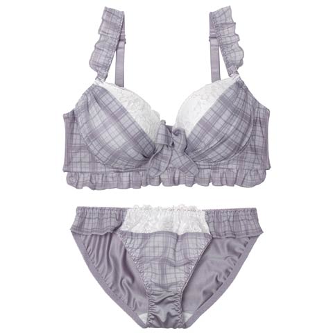 11/12新作!【EFサイズ】シュクレチェックシフォンブラジャー&フルバックショーツ［大人気］(ブルーグレー-E70/ショーツM)