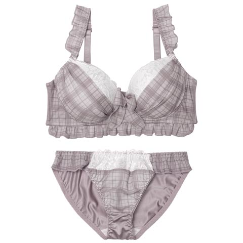 11/12新作!【EFサイズ】シュクレチェックシフォンブラジャー&フルバックショーツ［大人気］(グレー-E70/ショーツM)