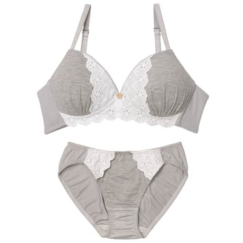 9/26新作!【ノンワイヤー】ナチュラルボタンレースブラジャー&フルバックショーツ［激売れ］(グレー-M)