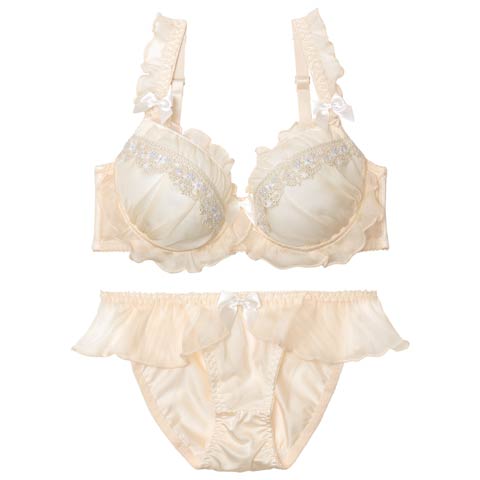 10/29新作!【EFサイズ】スウィートフリルエンブロイダリーブラジャー&フルバックショーツ［大人気］(クリーム-E70/ショーツM)