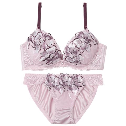 4/3新作!【三上悠亜着用】ゴージャスフルールエンブロイダリー育乳脇高ブラジャー&フルバックショーツ［激売れ］(パープル-A70/ショーツM)