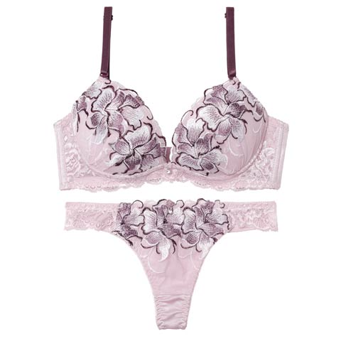 4/3新作!【三上悠亜着用】ゴージャスフルールエンブロイダリー育乳脇高ブラジャー&Tバックショーツ［激売れ］(パープル-A70/ショーツM)