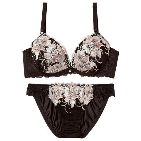 4/3新作!【三上悠亜着用】【EFサイズ】ゴージャスフルールエンブロイダリー育乳脇高ブラジャー&フルバックショーツ［大人気］(ブラック-E70/ショーツM)