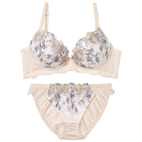 2/25新作!アリュールブロッサムエンブロイダリー育乳脇高ブラジャー&フルバックショーツ［激売れ］(クリーム-A70/ショーツM)