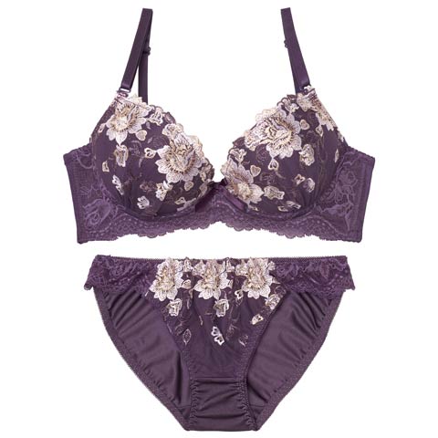 2/25新作!【EFサイズ】アリュールブロッサムエンブロイダリー育乳脇高ブラジャー&フルバックショーツ［大人気］(ディープパープル-E70/ショーツM)