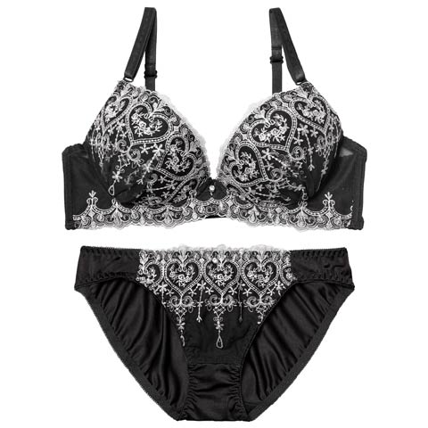 1/26新作!ロイヤルハートチュールレースブラジャー&フルバックショーツ［激売れ］(ブラック-A70/ショーツM)