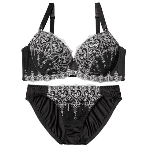 1/26新作!【EFサイズ】ロイヤルハートチュールレースブラジャー&フルバックショーツ［大人気］(ブラック-E70/ショーツM)