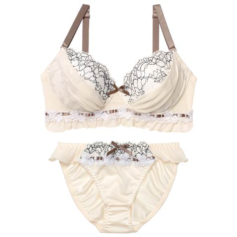 12/8新作!【EFサイズ】スウィートフリルシフォンブラジャー&フルバックショーツ［大人気］(クリーム-E70/ショーツM)