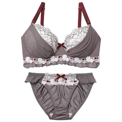 12/8新作!【EFサイズ】スウィートフリルシフォンブラジャー&フルバックショーツ［大人気］(グレー-E70/ショーツM)
