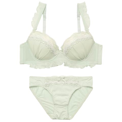 2/4新作!ピュアフリルレースブラジャー&フルバックショーツ［激売れ］(モスグリーン-A70/ショーツM)