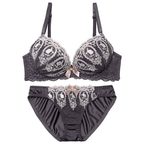 2/6新作!ガーリーラビットエンブロイダリーブラジャー＆フルバックショーツ［激売れ］(チャコール-A70/ショーツM)