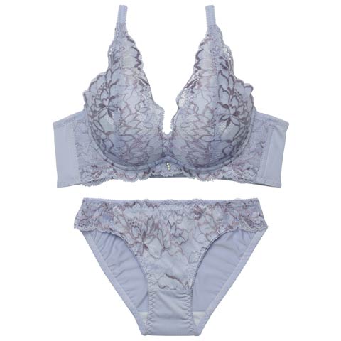 3/18新作!【EFサイズ】エレガントレースブルーム育乳脇高ブラジャー&フルバックショーツ［大人気］(ブルーグレー-E70/ショーツM)