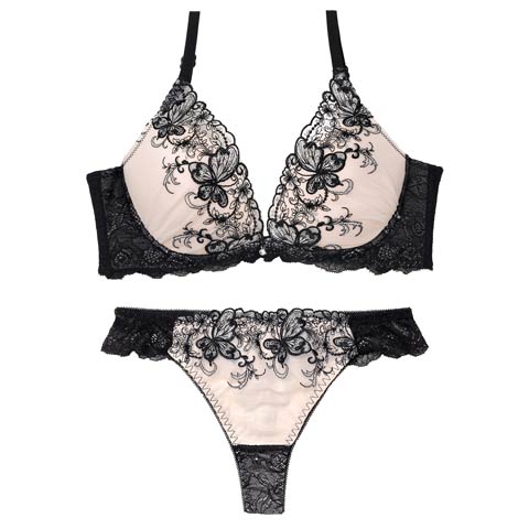 【三上悠亜着用】モノトーンアイビーバタフライ育乳脇高ブラジャー&バック透けTバックショーツ